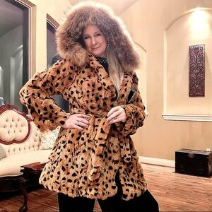 Leopard Print Rabbit Fur Coat with Fox Trim NWT